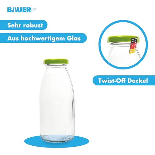Foto von Flaschenbauer - 24 Leere Glasflaschen 250 ml in Weiß mit Schraubverschluss TO43, 0,25 l – Zum Selbstbefüllen von Milchflaschen, Saftflaschen, Smoothie-Flaschen (Hellgrün), inklusive Etiketten