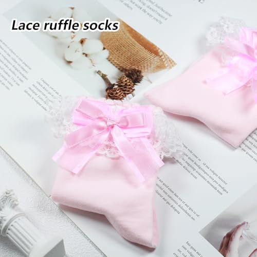 Image of Ruffle Frilly Lace Socks for Women - Lace Ankle Socks with Bow - Cute Lolita Socks Regular (US, Numeric, 5, 9, Regular, Regular, 1 Pair Pink)