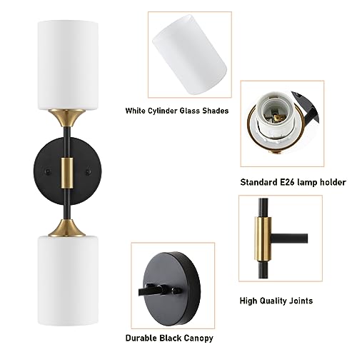 Byoliima Industrial Mid Century Wall Sconce 2-Lights With White Cylinder Glass Shades Modern Bathroom Vanity Wall Lamp Matte Black And Gold Brushed Brass Finished Wall Light Fixture thumb #4