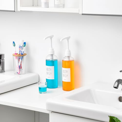 VITVITI Plastic Mouthwash Dispenser for Bathroom, 17 OZ Pump Mouth Wash Container Bottle with Cup, Clear Refillable Mouthwash Dispenser with Labels, Set of 24