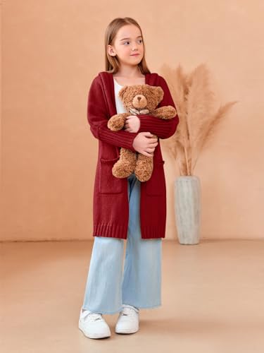 Girls Hooded Long Cardigan Kids Fashion Open Front Knit Sweater Outerwear Coat 5-14 Years2