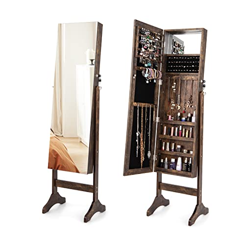 COSTWAY Armoire à Bijoux,Miroir Plein Sans Cadre, Armoire de Rangement de Maquillage sur Pieds pour Bijoux avec Porte Verrouillable, 4 Angles d'Inclinaison Réglables (Marron)