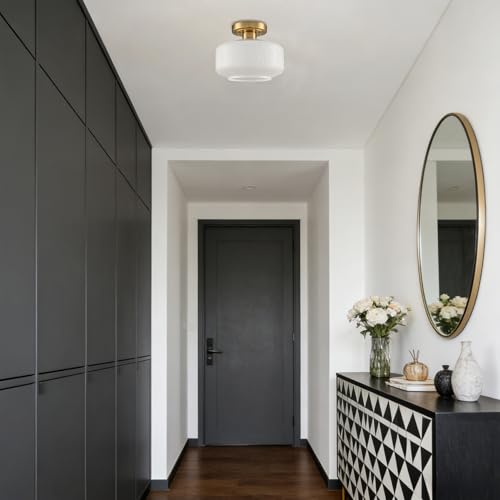 Image of DAYCENT Semi Flush Mount Ceiling Light Gold Modern Ceiling Lighting 9-Inch Vintage Globe Milk White Glass Hallway Light Fixtures Hardwired Small Brass Flush Mount Light for Bathroom Porch Entryway
