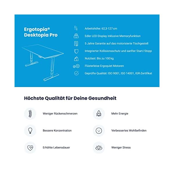 Ergotopia® Elektrisch höhenverstellbarer Schreibtisch | 5 Jahre Garantie | Ergonomischer Steh-Sitz Tisch mit Memory Funktion | Beugt Rückenschmerzen vor & macht produktiver – Bild 8