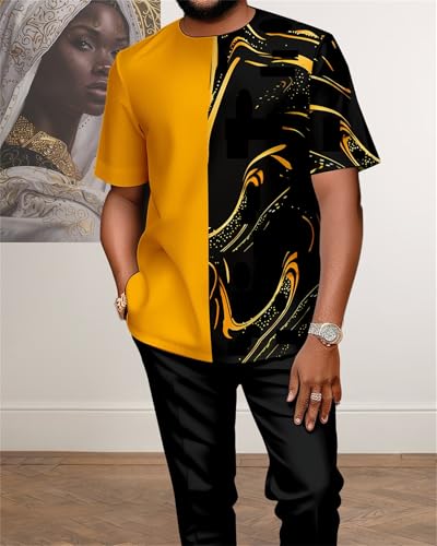 TIFIYA Men's African 2 Piece Suits Short Sleeve Dashiki Outfits Fashion Party Wedding Pants Set S-5XL2