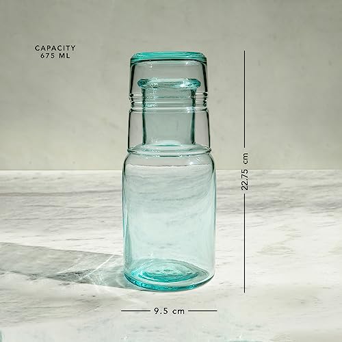 Image of Ellementry JOVE Blue Carafe with Tumbler|Bedside Water Carafe Set | Tumbler Glass for Bedroom Nightstand | Night Water Jug with Cup Glass |Clear Glass Juice /Water Pitcher with Cup for Kitchen