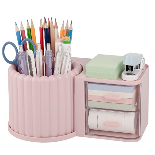 Image of Anyoifax 360 Rotating Pen Holder 7 Slots Desk Organizer with Drawer Removable Pencil Cup Plastic Art Supplies and Accessories Desktop Storage Box Caddy for Office, School, Home (Pink)
