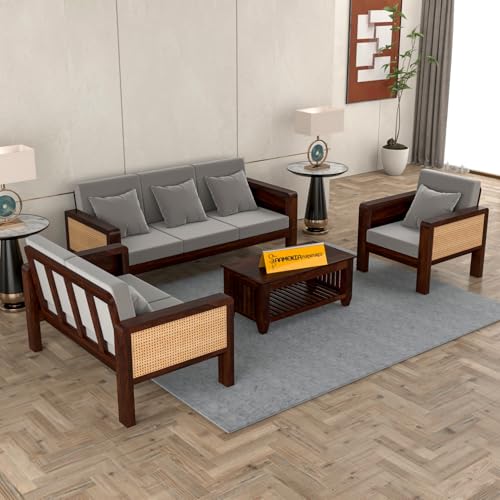 Image of Sheesham Wooden 6 Seater Sofa for Living Room | Solid Wood Sofa with Cane Side Panel| Rosewood Sofa Set for Home & Office | Lounge (Walnut Finish, 3+2+1 Seater)