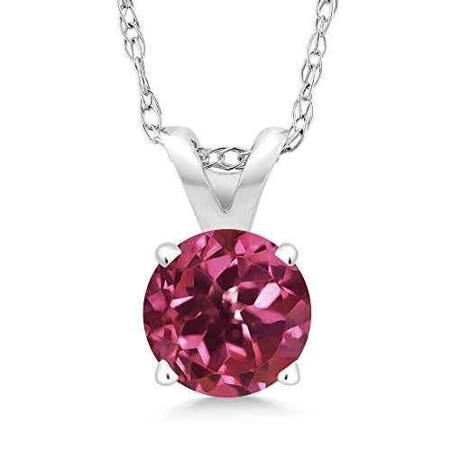 Gem Stone King 14K White Gold Pink Tourmaline Pendant Necklace For Women (0.50 Ct Round 5MM with 18 Inch 14k Chain)