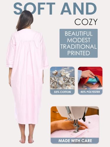 Image of Casual Nights Women's Zip Front Woven House Dress | 3 /4 Sleeves Housecoat Long Duster Lounger