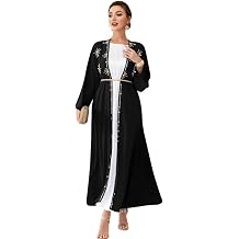 مسلم Abaya طويل الأكمام فتح أحجار الراين الأمامية Kaftan Cardigan Maxi Dress للنساء مع حزام