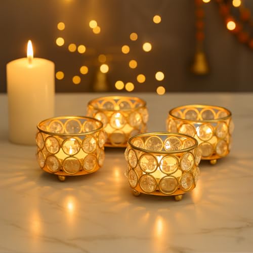 Image of Easyera Beautiful Lotus Tealight Holder Candle Stand Metal Home Decoration Festival Occasions Diwali (Not Include Glass Candle) Golden Pack (Pack of 4 (Golden) Crystal Candle Holder Tealight)