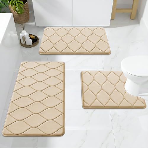 Image of Smiry Memory Foam Bath Mat 24x16, Ultra Soft Absorbent Bathroom Rugs | Beige, Plush Quick Dry and Machine Washable Cushion Bath Mats for Bathroom, Shower, Tub & Home Decor