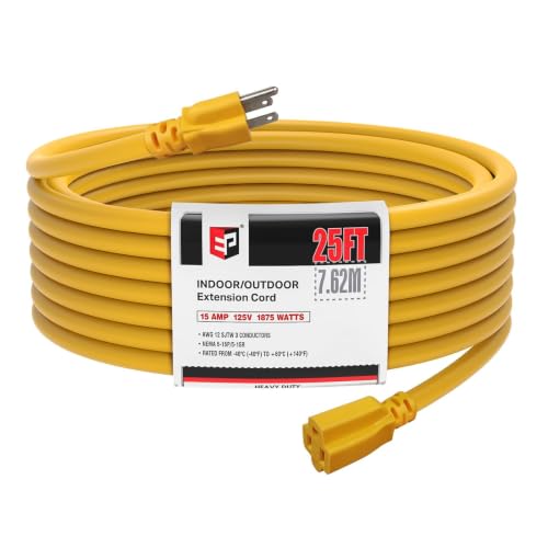 EP 25 Ft Heavy Duty Outdoor Extension Cord, 12/3 SJTW Yellow 3-Prong