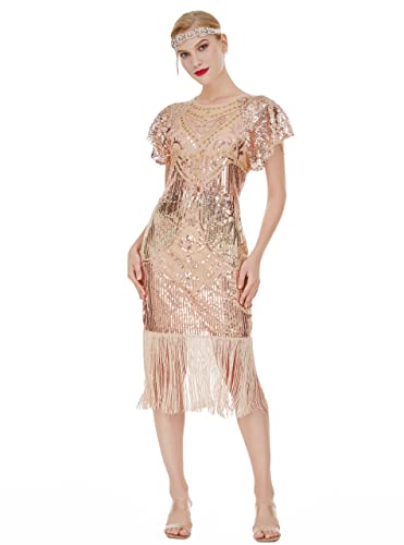 Image of 1920s Knee Length Flapper Party Dress Layer Tassels Hem Sequined Cap Sleeve Cocktail Dresses