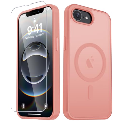 Image of YENAPOON for iPhone 17e Case, iPhone 16e Case, Matte Magnetic Phone Cover [with 1 Screen Protector] [Support for MagSafe] [Shockproof Military Grade Protection] Translucent Frosted Back, Pink