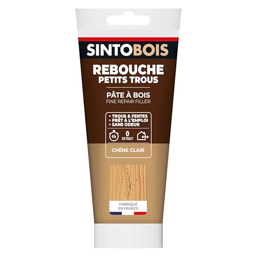SINTO - Rebouche Petits Trous - Pâtes à Bois Sans Odeur - Prêt à l'Emploi - Sans Solvant - Sec en 4h - Intérieur et Extérieur - Ne se Rétracte pas - Chêne Clair - Technique Professionnelle - 250 g