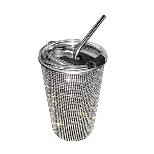 zingking Taza térmica de acero inoxidable brillante de 560 ml, con pajita y diamantes de imitación, taza de café para llevar, taza térmica a prueba de fugas para café y té