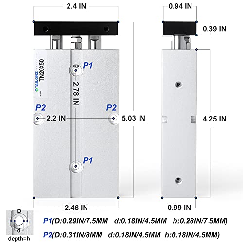 TAILONZ PNEUMATIC Vérin pneumatique aluminium double tige double effet, alésage 20 mm, course 50 mm TN20-50 – vue 2