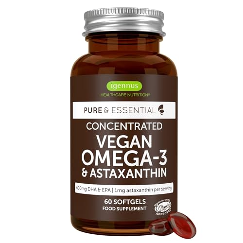Igennus Hochwertigstes Omega-3 Algenöl & Astaxanthin, 60 Weichkapseln, Triglyceridform, 400mg DHA & 200mg EPA Omega-3 Fettsäuren, pflanzlich aus Mikroalgen, rein & nachhaltig, frei von Umweltgiften