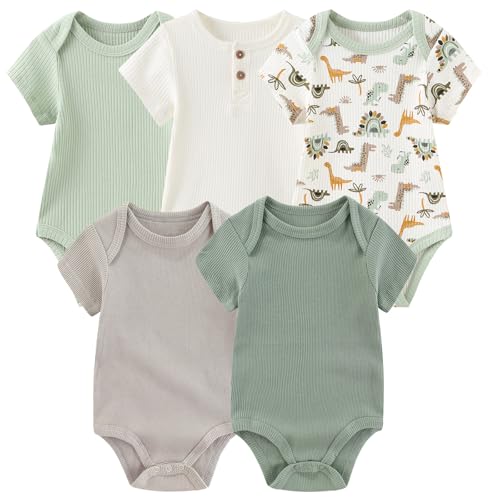 Image of MAMIMAKA Newborn Baby Short Sleeve Bodysuit Cotton One-Piece Baby Clothes 5-Pack, 0-12 Months
