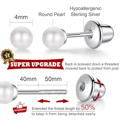 925 Sterling Silver Small Pearl Earrings with safety backs in 4mm White Simulated Pearl Hypoallergenic Screwback Earrings for Women (pearl-w4mm)2