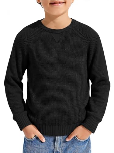 Haloumoning Boys Crewneck Pullover Sweater Kids Waffle Textured Raglan Sleeve Knitted Sweaters 5-14 Years Black