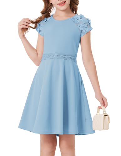 Image of GRACE KARIN Girl's A-Line Midi Summer Dress with Pockets Round Neck and Short Sleeves Dress Light Blue 12-13 Years