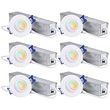 TORCHSTAR 5CCT 2 Inch Gimbal LED Recessed Light with J Box, Aluminum, Dimmable 6W 360LM CRI90+ Adjustable Swivel Eyeball Canless Downlight, 27003000350040005000K Selectable, ETL Listed, Pack of 6