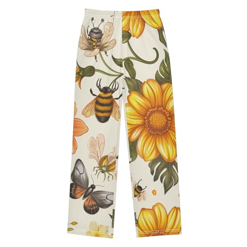 ZZXXB Bee Flowers Print Boys Long Pants Soft Trousers Elastic Waist Kids Lounge Bottoms with Pockets S-XL