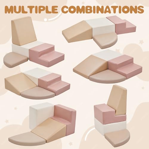 Image of Sumbababy Climbing Foam Blocks for Toddlers: Waterproof Pu Leather Soft Climber - 4 Pcs Toddler Indoor Climbing Toys - Kids Outdoor Playground Playset Best Gift Preschool Daycare Supplies(Pink /Beige)