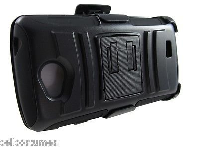 For LG Realm LS620 (Boost Mobile) Rugged Armor Hybrid Hard Case Cover+Belt Clip Holster – Black & Black NEW [In CellCostumes Retail Packaging]