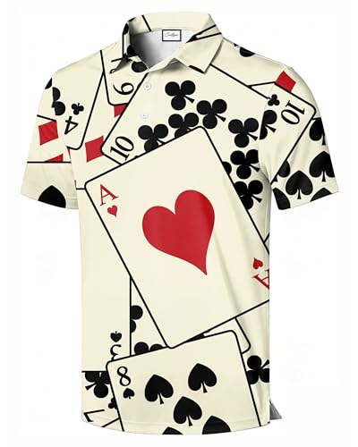 COOLLYME Men's Golf Polo Shirt, Playing Card Suits All-Over Print, Short Sleeve, Regular Fit, 100% Polyester