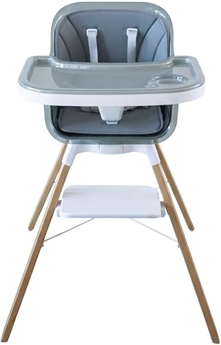 Baby Lunostep 360 Rotating High Chair, 2-in-1 Convertible, Adjustable Footrest, Removable Double Tray, Grey, PU Cover with Beechwood Legs