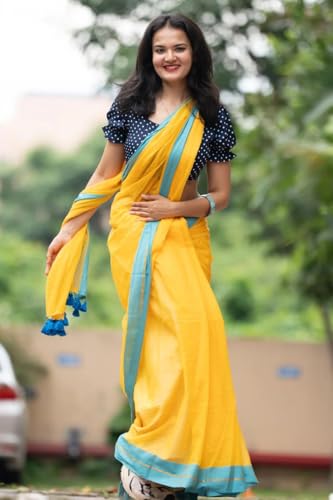 Image of Sudip callection Handloom Mul Cotton Saree for Women - Bottle Green with Pink Border Golden Zari Line & Tassel Pallu
