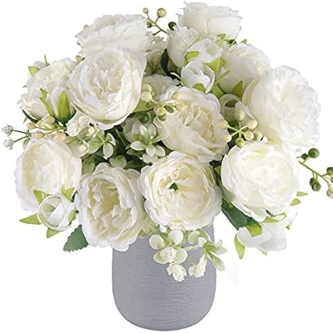 Artificial Peonies Silk Flowers, White Faux Peony Bouquet 4 Bundles Florals Arrangements Decor for Farmhouse Home Boho Wedding Table Centerpiece, Fake Plastic Flowers Bulk Vase Decoration (White) Cover