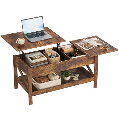Coffee Tables for Living Room, Lift Top Coffee Table with Storage, 39" (99cm）Wooden Coffee Table with Lift Top - Hidden Compartment - X Design - Extendable Coffee Tables for Office (Orange‑Brown)