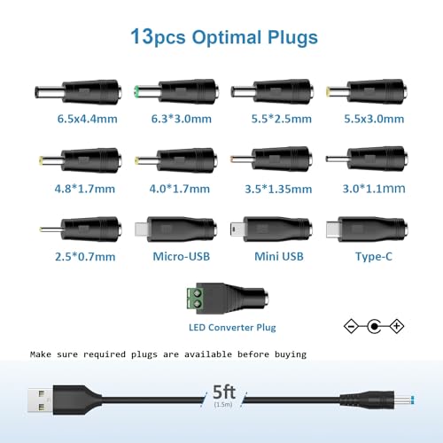 Powseed 5V Universal DC Power Cable, USB to DC Charging Cord with 13pcs adapter plugs for Webcam Router, Power Bank, Toy, Recorder, Bluetooth Speaker, Scanner, DVR, Hard Disk Box, USB-HUB etc.