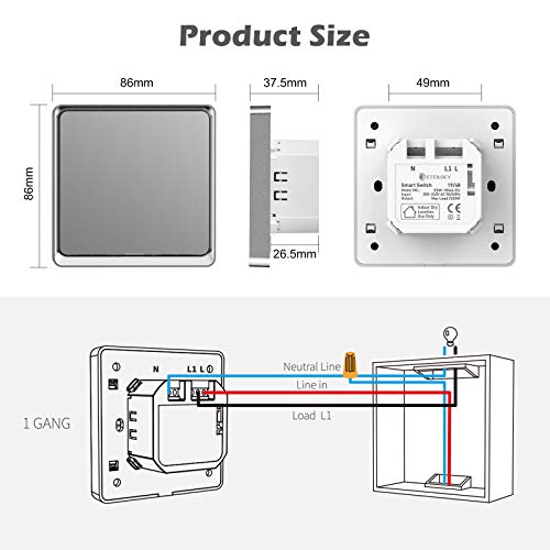 Wifi Interruptor Alexa 1 Gang, Etersky Interruptor Inteligente Compatible con Alexa y Google Home, Interruptor Pared Luz Control APP, Smart Life Interruptor Tactil con Temporizador NEUTRO REQUERIDO