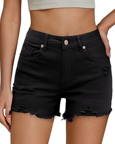 Vetinee Kurze Hose Damen Schwarz Jeans Kurz Damen Echtschwarz Größe XL Passt für EU 46-48