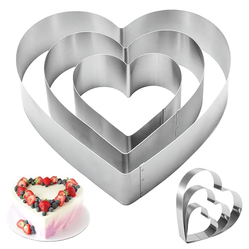 Ulsam 3-Pack Stainless Steel Cake Mold Set - Heart Shaped Tart & Crumpet Rings, 4/6/8 inch