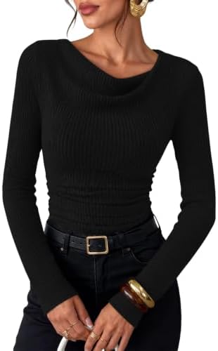 Cuptacc Pullover Damen Herbst Oberteile Elegant Slim Fit Langarmshirt | Frühling,Herbst,Elegant,Schickes,Rippstrick,Sexy,Wasserfall Ausschnitt,Business Outfit,Gerippte,Stretch,Einf