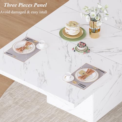 Image of HSH 55 inch White Faux Marble Dining Table for 4, Rectangle Dining Room Table | Modern Kitchen Table with a Heavy-Duty Pedestal Base, Seats 4, Ideal For Meals, Work and Gatherings, Table Only