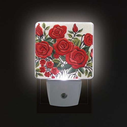 Image of Red Rose Flower Night Lights 2 Pack Plug-in Wall Led Nightlight Auto Dusk-to-Dawn Sensor Lamps for Bedroom Kitchen Bathroom
