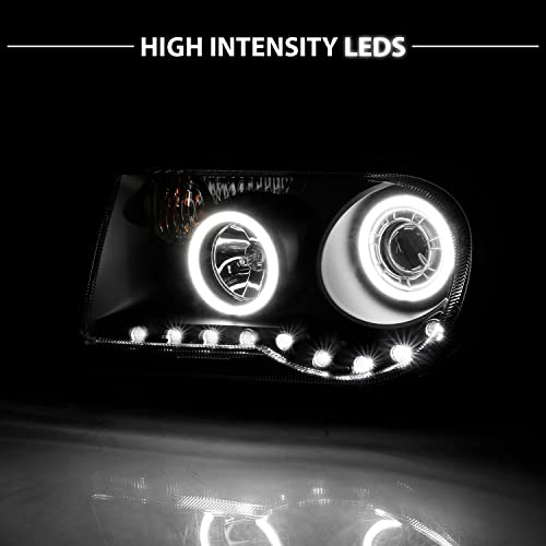 Amerilite For 2005-2010 Chrysler 300C Black Replacement Headlight Assembly Halogen Projector Extreme Dual Led Halo W/Bulb Pair - Passenger & Driver Side #TOP5