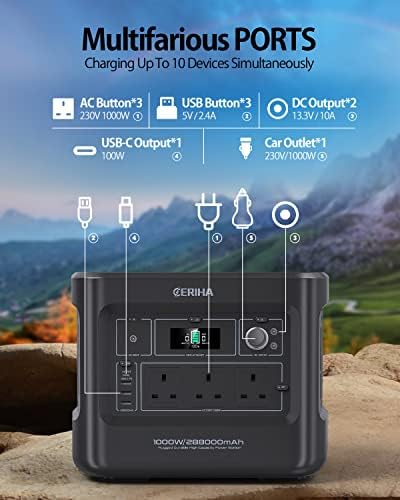 CERIHA Portable Power Station 1000W, 1000Wh Solar Electric Power Generator for UK, 100W USB-C In/Out, Large Power Bank LiFePO4 Battery Pack Backup for Home Use and Outdoor Camping, Trip, Fishing ect.