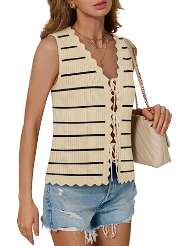 Image of COCCKO Womens Summer Tops Vacation Beach Outfits Cute Tie Front Crochet Vest Knit Sleeveless Sweaters