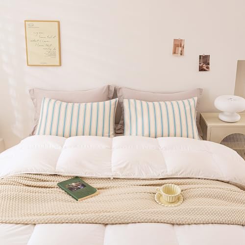 Image of ECOCOTT Striped Pillowcases King Size Set of 2, 100% Washed Cotton Pillow Cases with Envelope Closure, Blue&Brown Ticking Stripe Pillow Covers 20 inchX36 inch