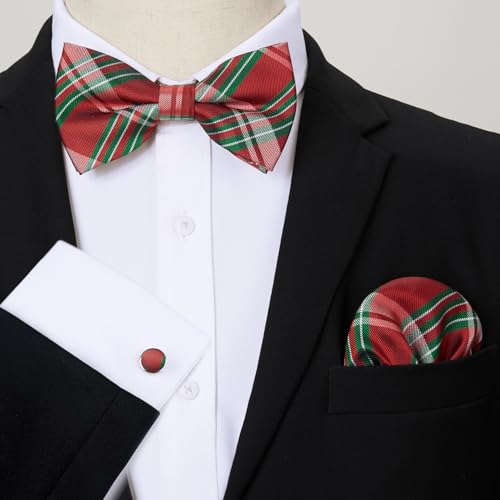 Image of HISDERN Mens Plaid Bow Tie Set Pocket Square and Cufflinks Bowtie | Pretied Bowties Design for Easy Wear,Check Pattern,Matching Handkerchief Cuff Link,3PCS Set Wedding Formal Party Groom Prom
