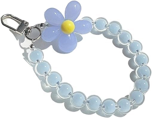 Wentoenapp Blue Floral Beaded Phone Strap with Lobster Clasp, 1 Inch Width & Length, Heart-Shaped Charm, Unisex, Anti-Lost Cell Phone Case Lanyard, Car Keychain
